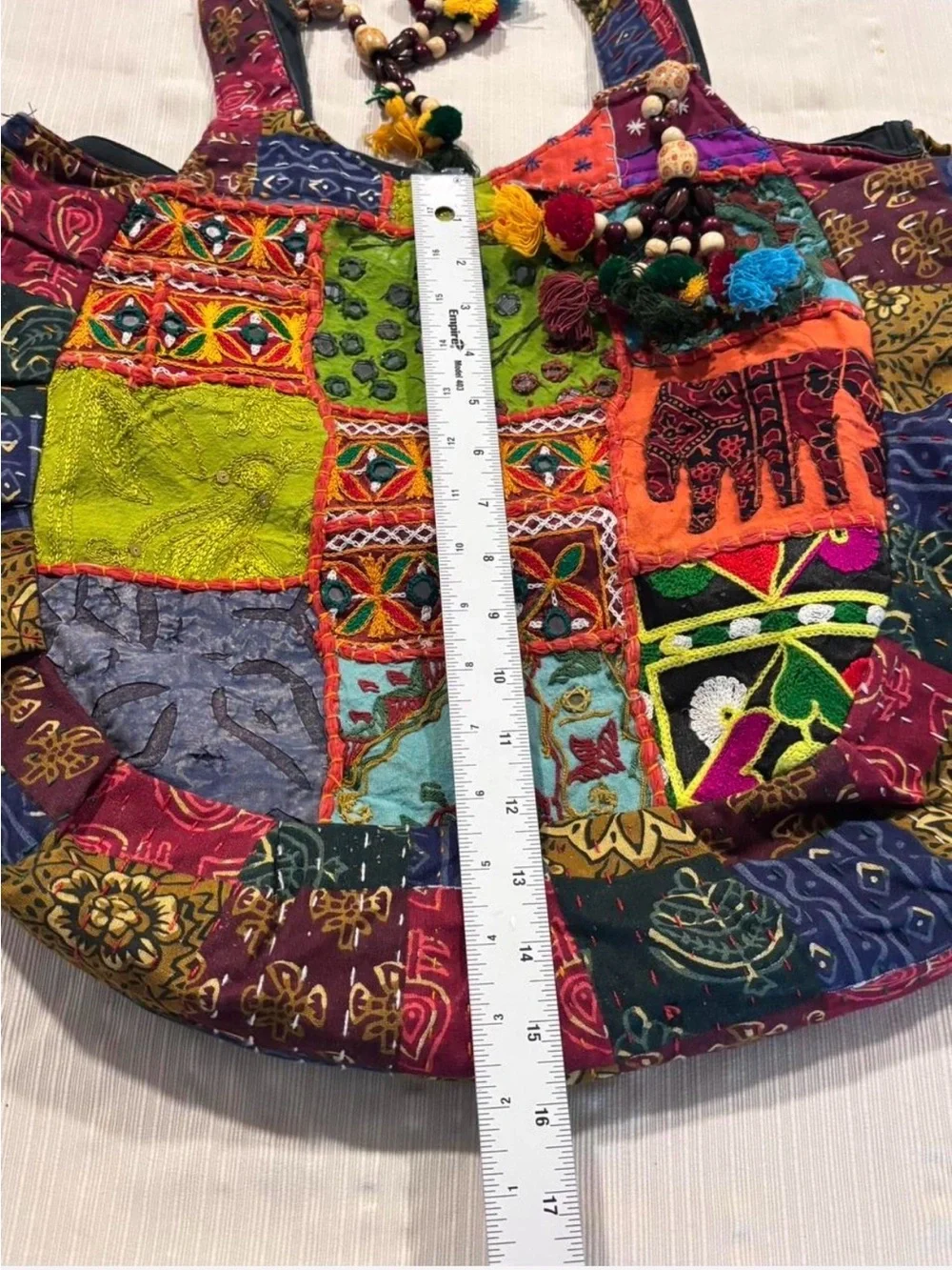 Tribe Azure Boho Patchwork Embroidered Elephant Tote Shoulder Bag Large